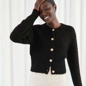 & OTHER STORIES Bouclé Knit Cropped Cardigan Black Gold Buttons Wool Blend Sz S